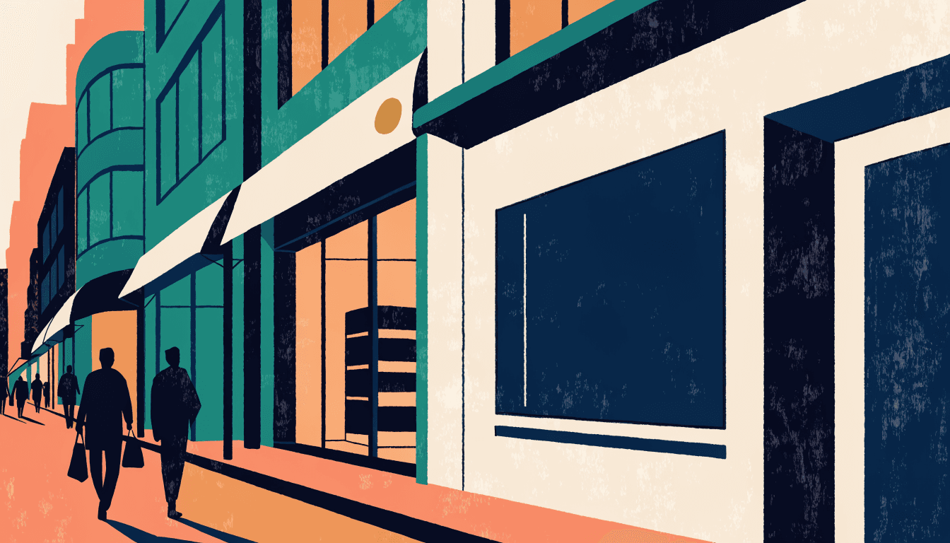 Illustration of an upscale shopping street lined with elegant storefronts and awnings, silhouetted pedestrians strolling past in the evening light.