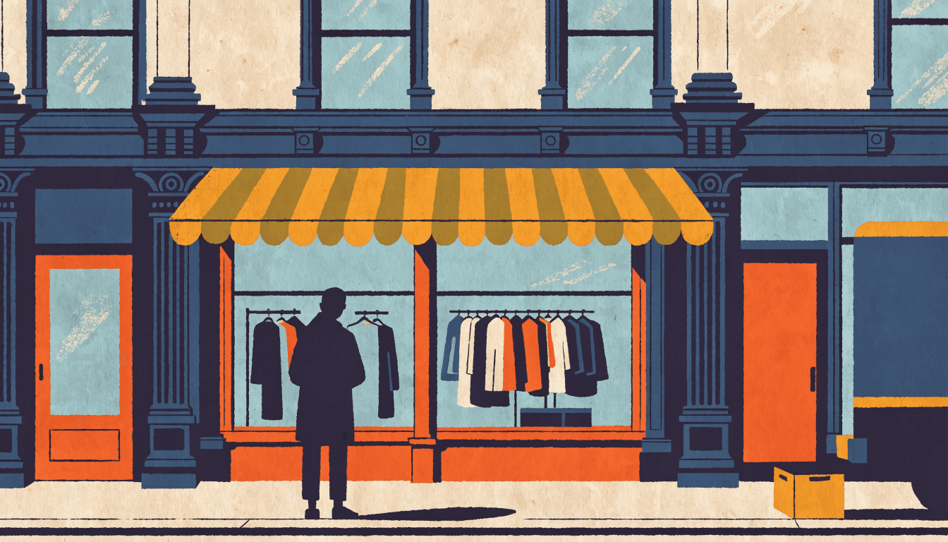 Illustration of a silhouette figure browsing a SoHo-style fashion boutique storefront at dusk