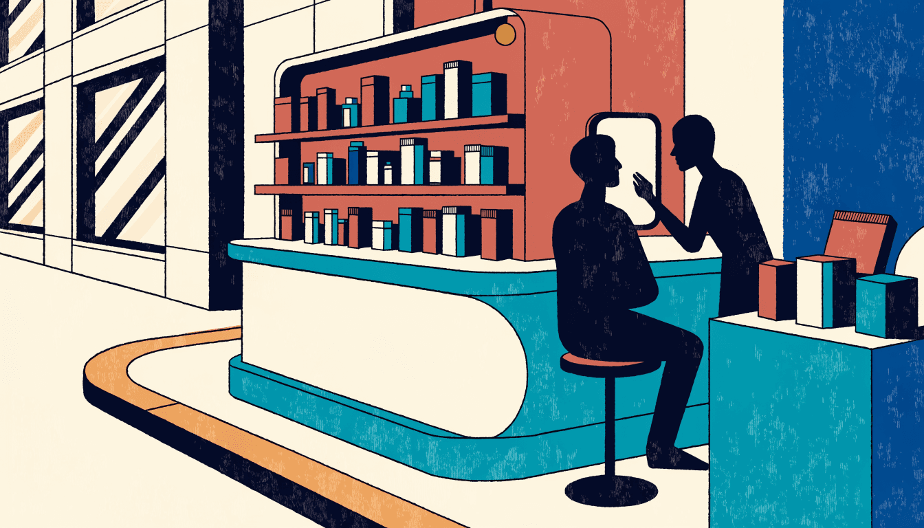 A calm illustration of a department store cosmetics pop-up counter, with a silhouette customer seated for a makeup touch-up before a small mirror, tidy product displays nearby.
