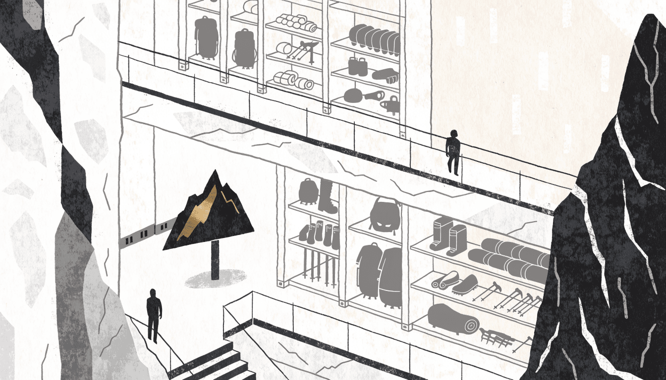 Illustration of a mountain-outdoor gear shop inside a shopping mall, with a carved wooden mountain sculpture near the entrance.