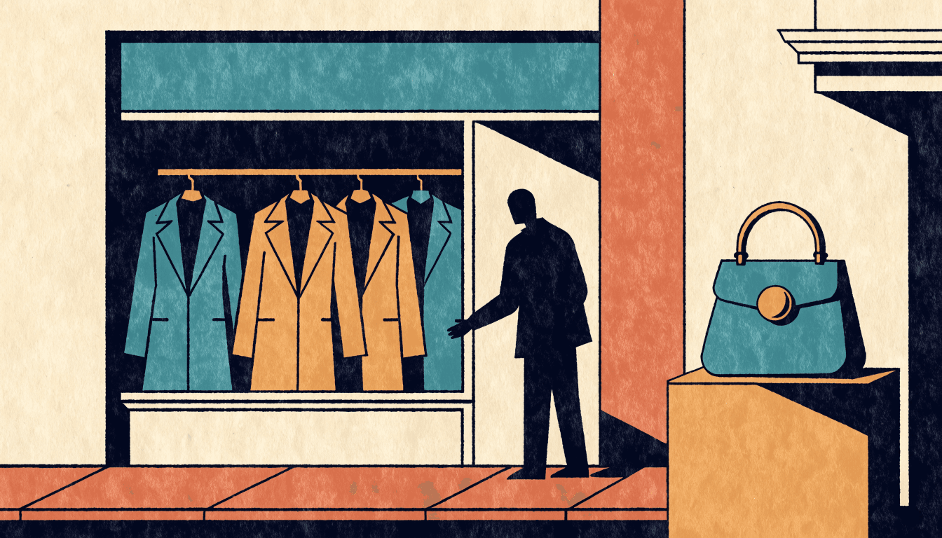 Illustration of an upscale boutique storefront with tailored coats on display and a handbag on a plinth, a silhouetted figure entering