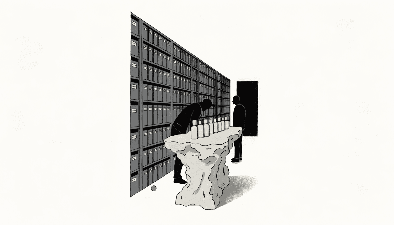 Illustration: a fragrance boutique built around ritual rather than shelves — a pale carved stone table holding a row of plain unlabelled testers, a tall wall of narrow drawers running back like a library, and a darkened alcove at the rear, with two silhouetted figures sampling and browsing.
