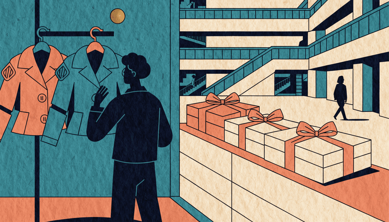 Illustration of a pop-up boutique corner in a Tokyo department store, structured jackets on a rack beside wrapped gift boxes, a shopper browsing from behind, warm editorial style.