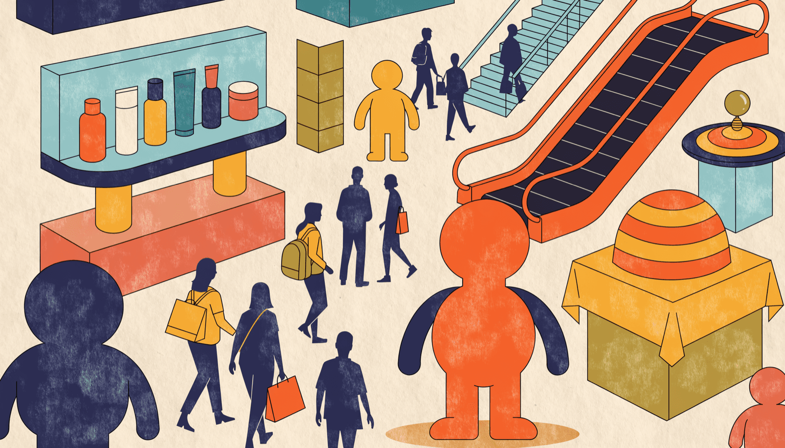 Editorial illustration of a bright summer pop-up floor inside a department store: colourful abstract wayfinding banners and rounded playful shapes over racks of summer fashion, no text and no logos, with one small brass accent.