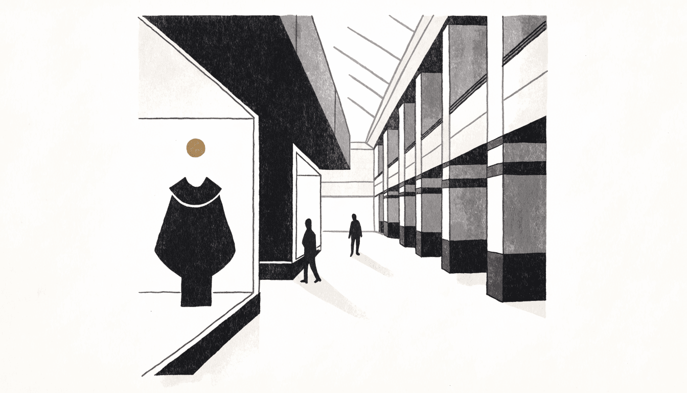 Editorial illustration of a calm department-store atrium with a new boutique window, two figures walking past.