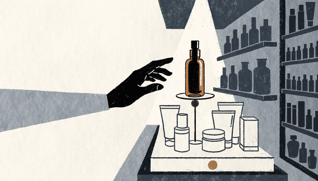 Editorial illustration of a drugstore cosmetics aisle, a single amber glass serum bottle spotlighted on a shelf display stand amid rows of smaller skincare packaging, a shopper's hand reaching toward it.