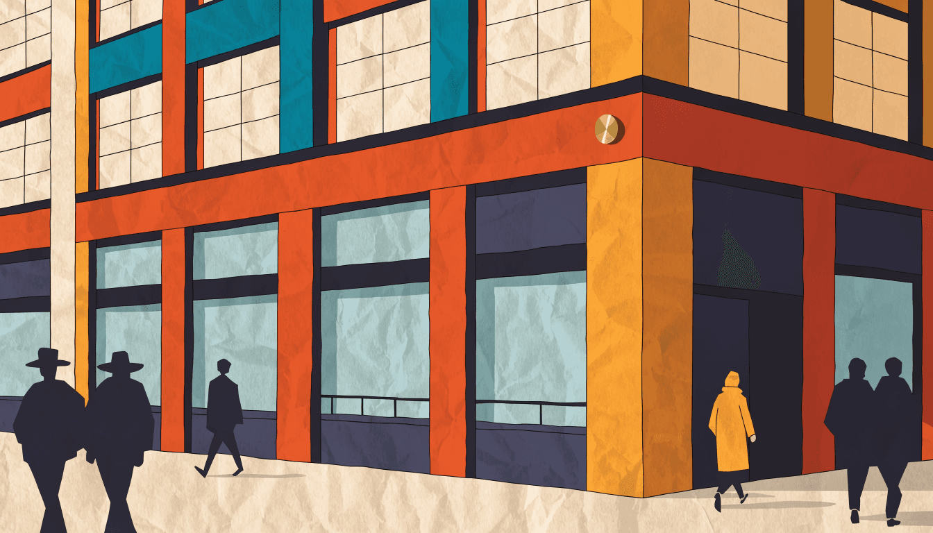 A flat-vector editorial illustration of a Ginza department-store facade at dusk, quiet foot traffic below.