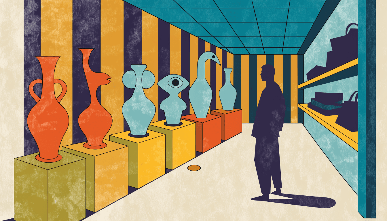 A calm museum gallery with ceramic figurines displayed on plinths along a long diagonal corridor, a silhouette visitor viewing the pieces