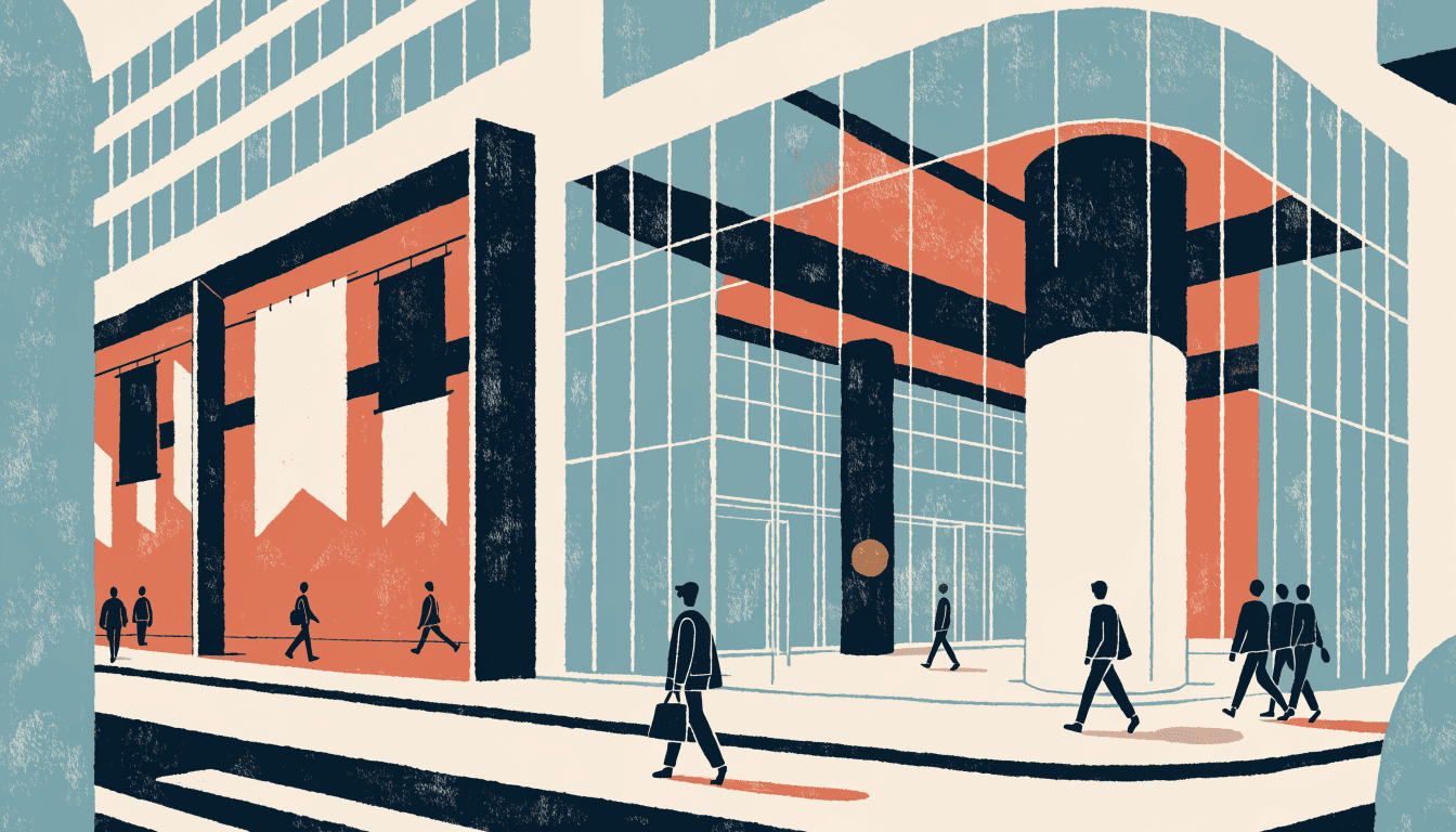 Editorial illustration of a glass-fronted Ginza department-store annex with banner shapes and pedestrians on the street below.