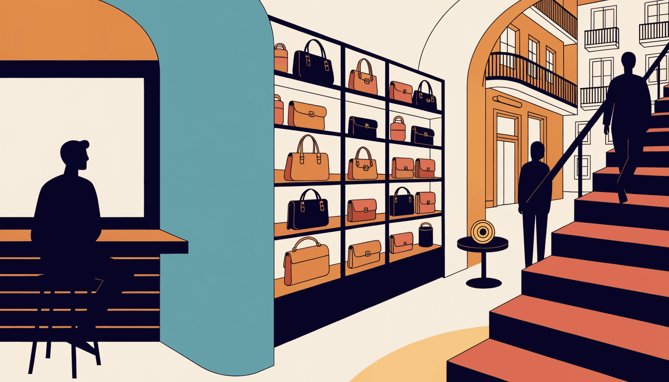 Warm editorial illustration of a basement resale lounge with curated pre-owned handbags on open shelving, and a staircase leading up toward street level.