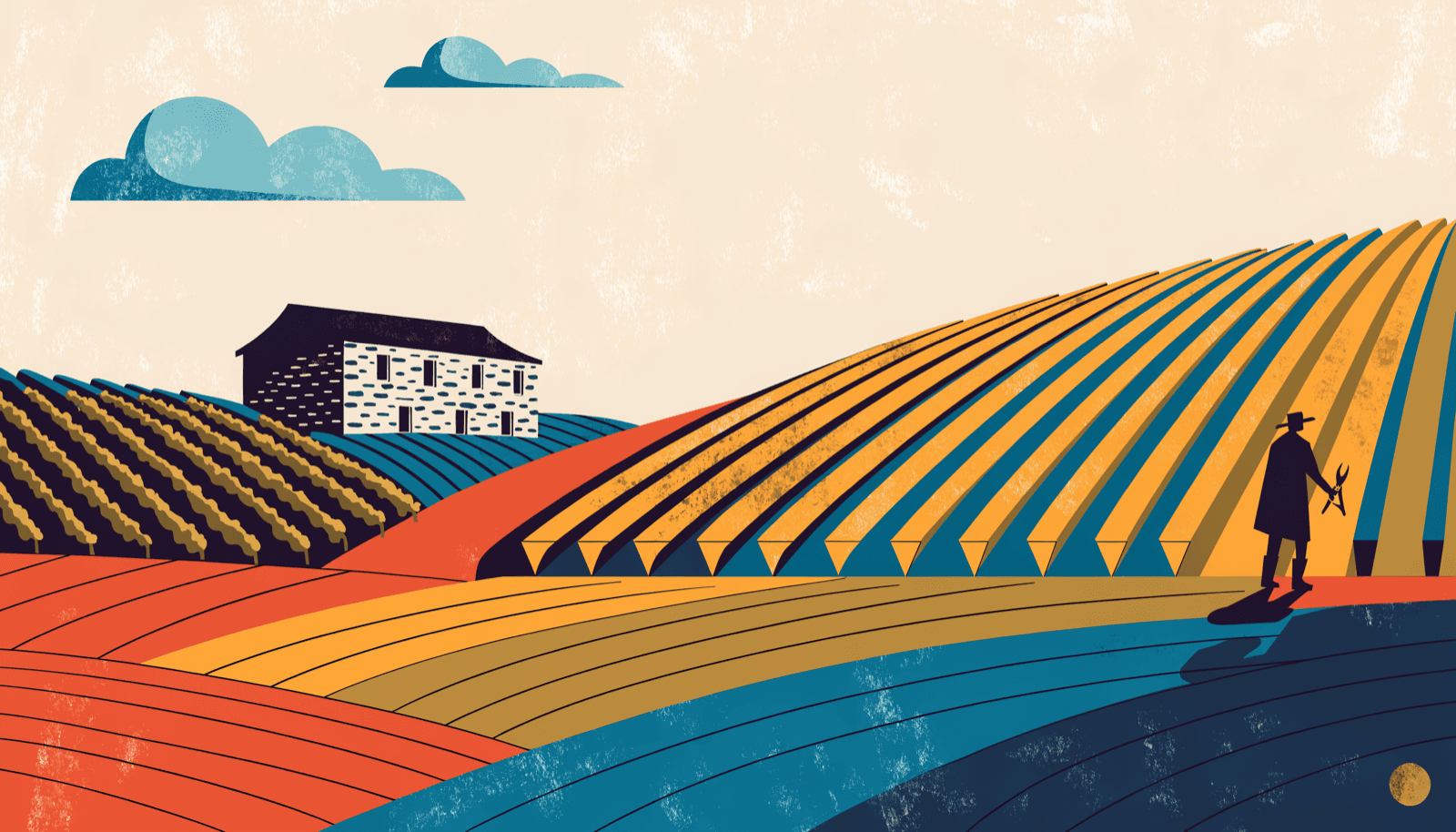 Illustration looking down an arched stone Burgundy cellar, rows of racked wine bottles receding on a long diagonal, with a single small brass tasting cup as the one point of warmth