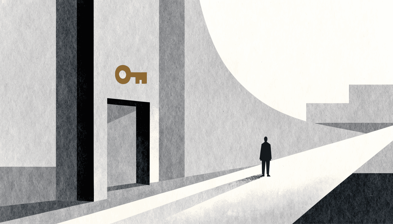 Editorial illustration of a luxury hotel entrance at dusk: a small brass key motif above the doorway, a long diagonal driveway with soft reflections, a silhouetted doorman figure for scale.