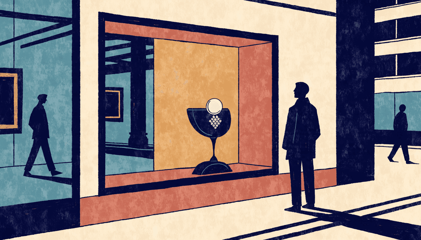 Editorial illustration of an elegant Ginza jewellery boutique window at dusk, a single pearl-and-diamond earring displayed on a velvet stand, a silhouette figure passing by outside.