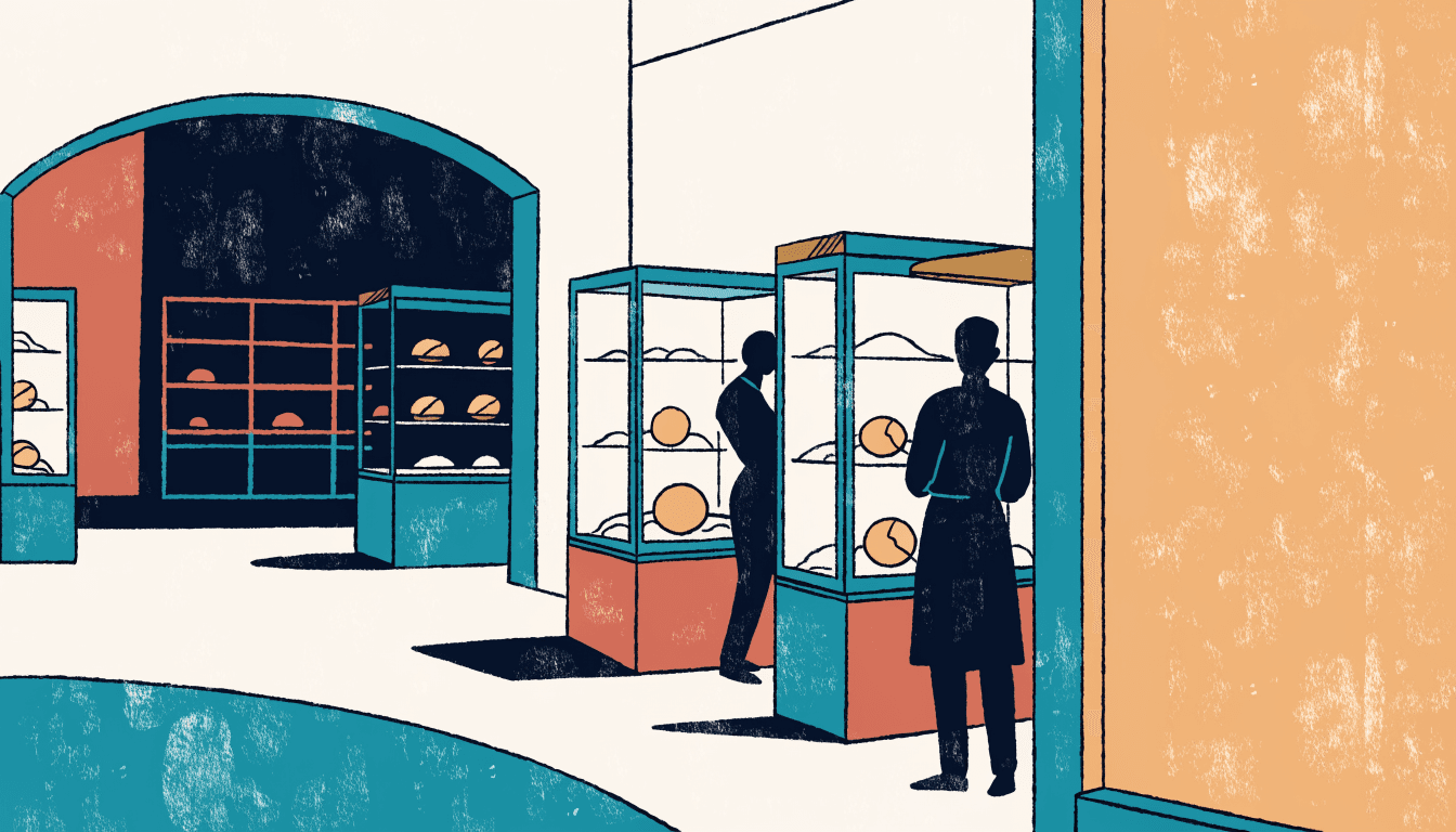 Illustration of a bright jewellery and watch salon just off a department store's main-floor entrance, glass display cases and a silhouette customer browsing with a staff member