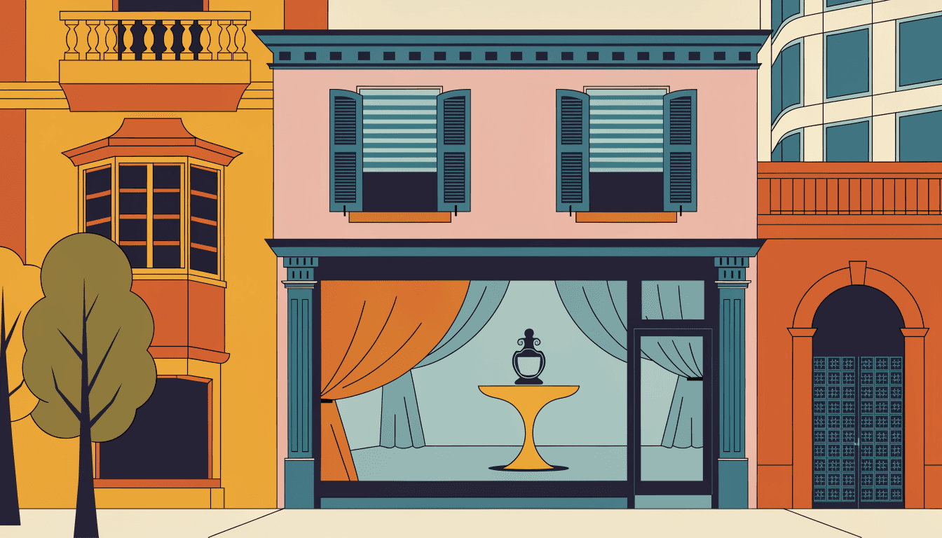 Illustration of an elegant pale-pink event salon styled like a Parisian townhouse, a single ornate perfume bottle in silhouette on a pedestal beneath tall windows, in a warm editorial style.