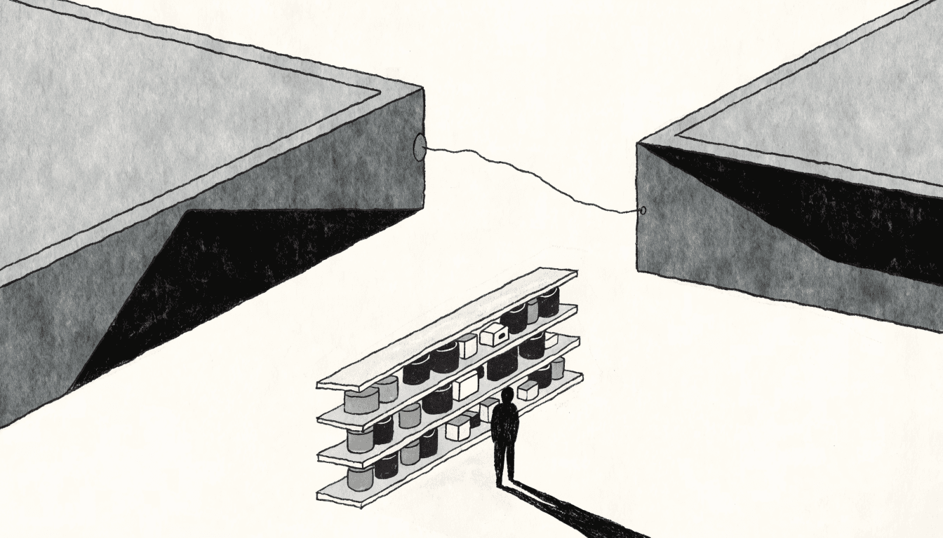 Illustration: two heavy geometric masses drawn apart, leaving a clean gap between them, with a slender thread still linking the two across it; below, a lone silhouetted shopper browses a plain, unbranded shelf of household goods.