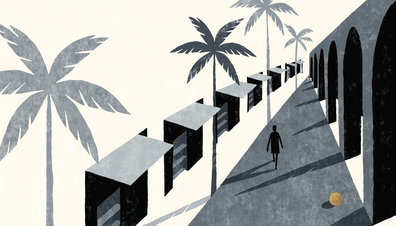 Near-monochrome editorial illustration of an open-air tropical outlet arcade seen along a long diagonal, palm trees overhead, a silhouette figure walking past a row of shopfronts.