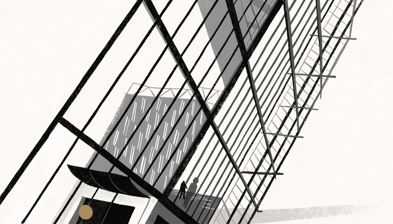 A steep diagonal view looking up through the glass-and-steel atrium of a Tokyo office tower, with two silhouetted figures standing at its base near a ground-floor storefront awning