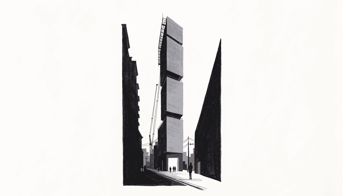 Illustration of a tall new tower under construction rising between city buildings, cranes visible