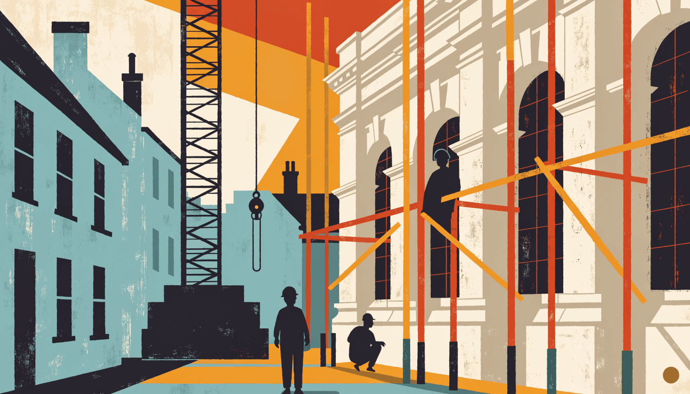 Editorial illustration of a London construction site at dawn, a crane rising beside a grand stone library facade, silhouetted workers in hard hats in the foreground, scaffolding wrapping the building's edge.