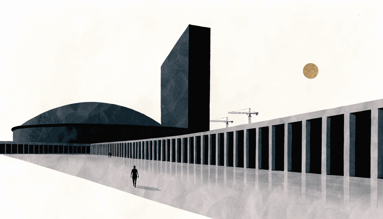 Calm editorial illustration of a large mixed-use development at dusk, an arena silhouette beside a hotel tower and a covered arcade, one silhouette figure crossing a plaza.