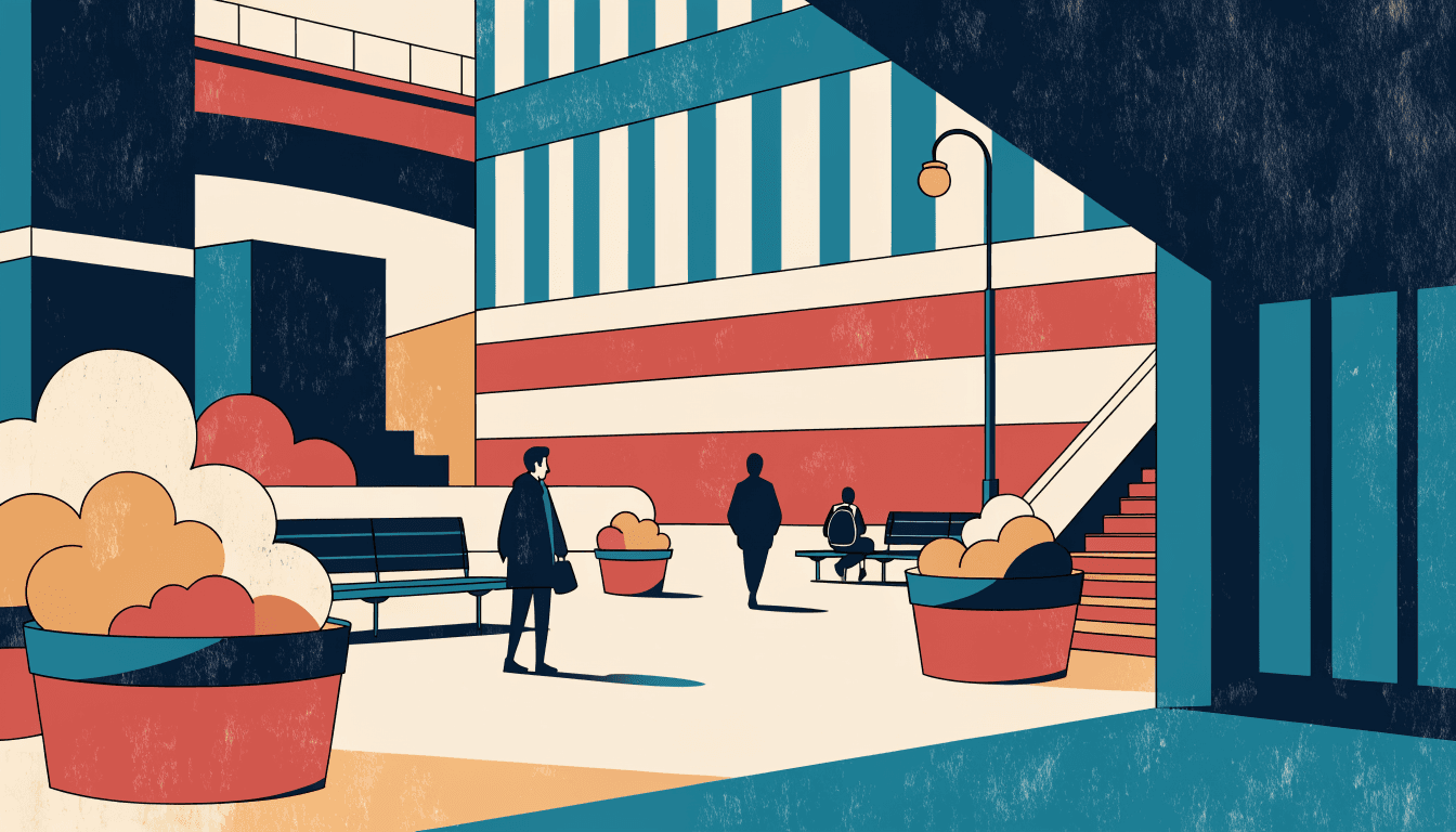 Editorial illustration of a station forecourt reimagined as a pedestrian plaza, with benches, planters and silhouette figures lingering.