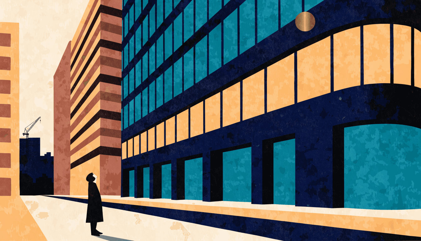 An editorial illustration of a silhouette figure looking up at a glass office-and-retail tower at dusk, warm lit windows, a construction crane in the distance, muted teal, terracotta and navy tones, no text or logos.