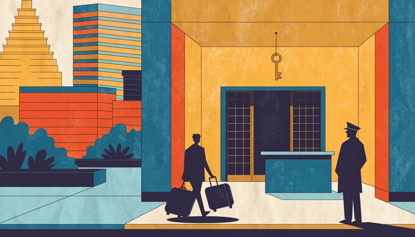 Editorial illustration of a Japanese luxury hotel entrance: a small brass key hanging above the doors, a guest with two suitcases and a uniformed doorman in silhouette, hotel towers behind.