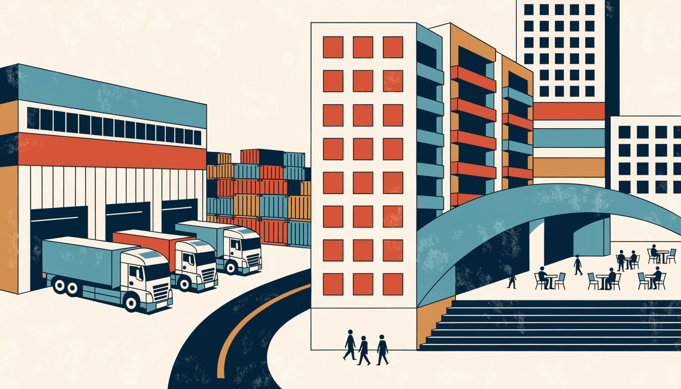 Editorial illustration of a warehouse and container yard sitting beside a shopping-mall and hotel skyline, trucks queued at a loading dock.