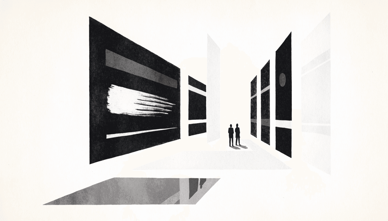 Illustration of a minimalist gallery hall with tall walls hung with abstract artworks and a few silhouetted visitors, warm near-monochrome palette.