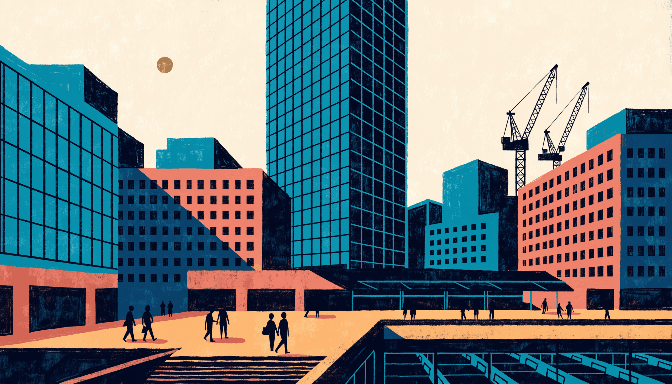 Illustration of a tall glass office tower rising above a busy Tokyo train station plaza at dusk, cranes nearby and an underground bus terminal entrance below street level.