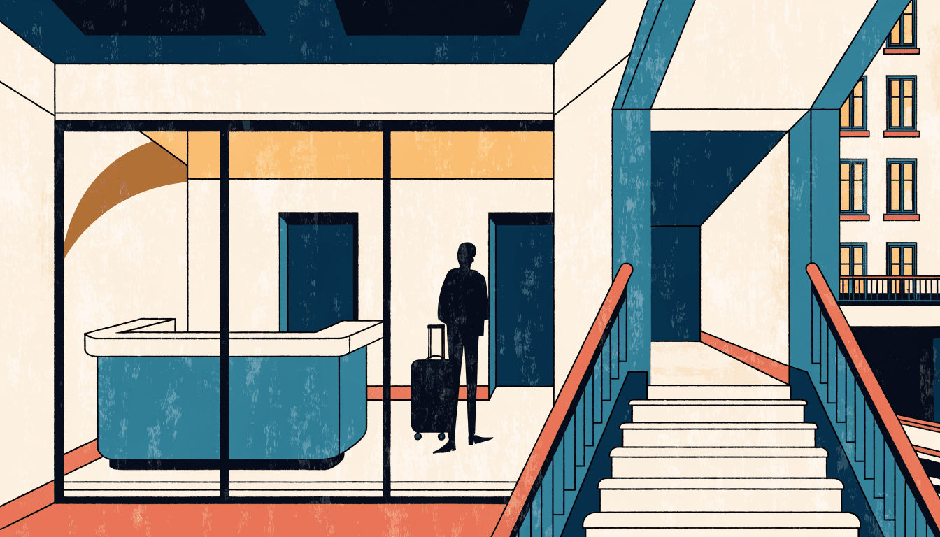 Calm editorial illustration of a small city hotel lobby and staircase near a subway entrance, warm off-white paper tones, a silhouette figure with luggage for scale, near-monochrome with a single small brass accent.