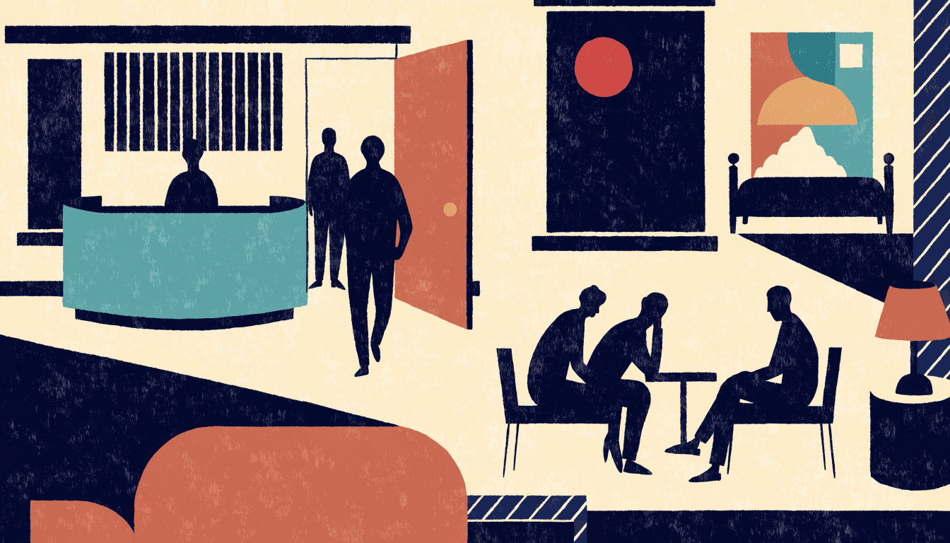 Editorial illustration of a renovated regional hotel lobby and guest room with local artwork and denim-inspired signage details.