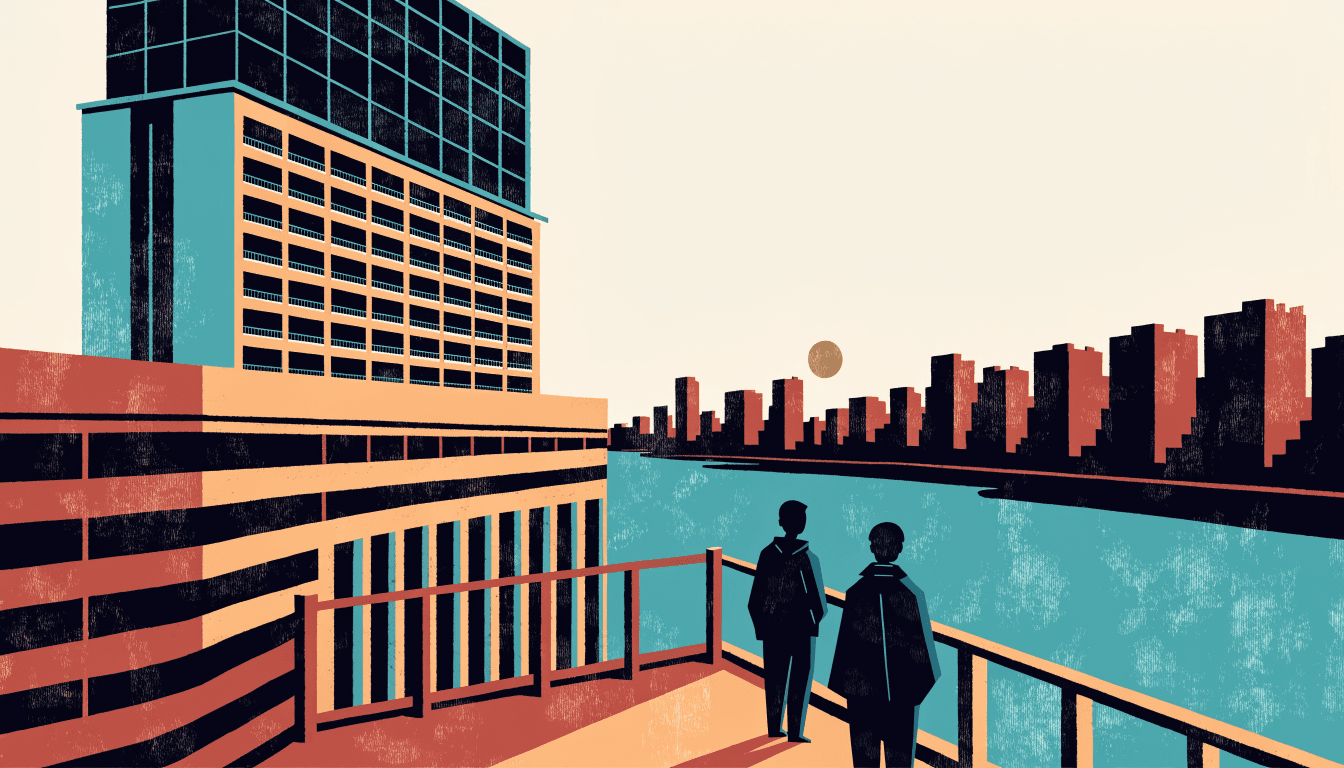 Editorial illustration of a riverside high-rise hotel terrace at dusk in Osaka, two silhouette figures looking out over the water toward a distant skyline, with a warm brass-gold sun.