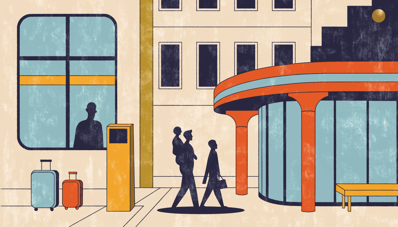 Illustration of a family-friendly hotel lobby and public bath near a Tokyo Bay resort district
