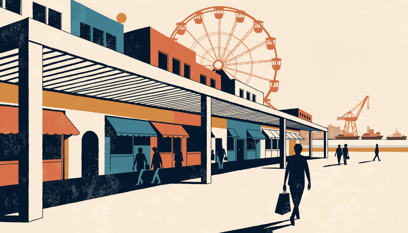 Editorial illustration of an open-air outlet mall plaza in a Japanese port town — rows of low storefronts along a covered walkway, a ferris wheel and distant harbour cranes behind, silhouetted shoppers strolling with bags in warm afternoon light.