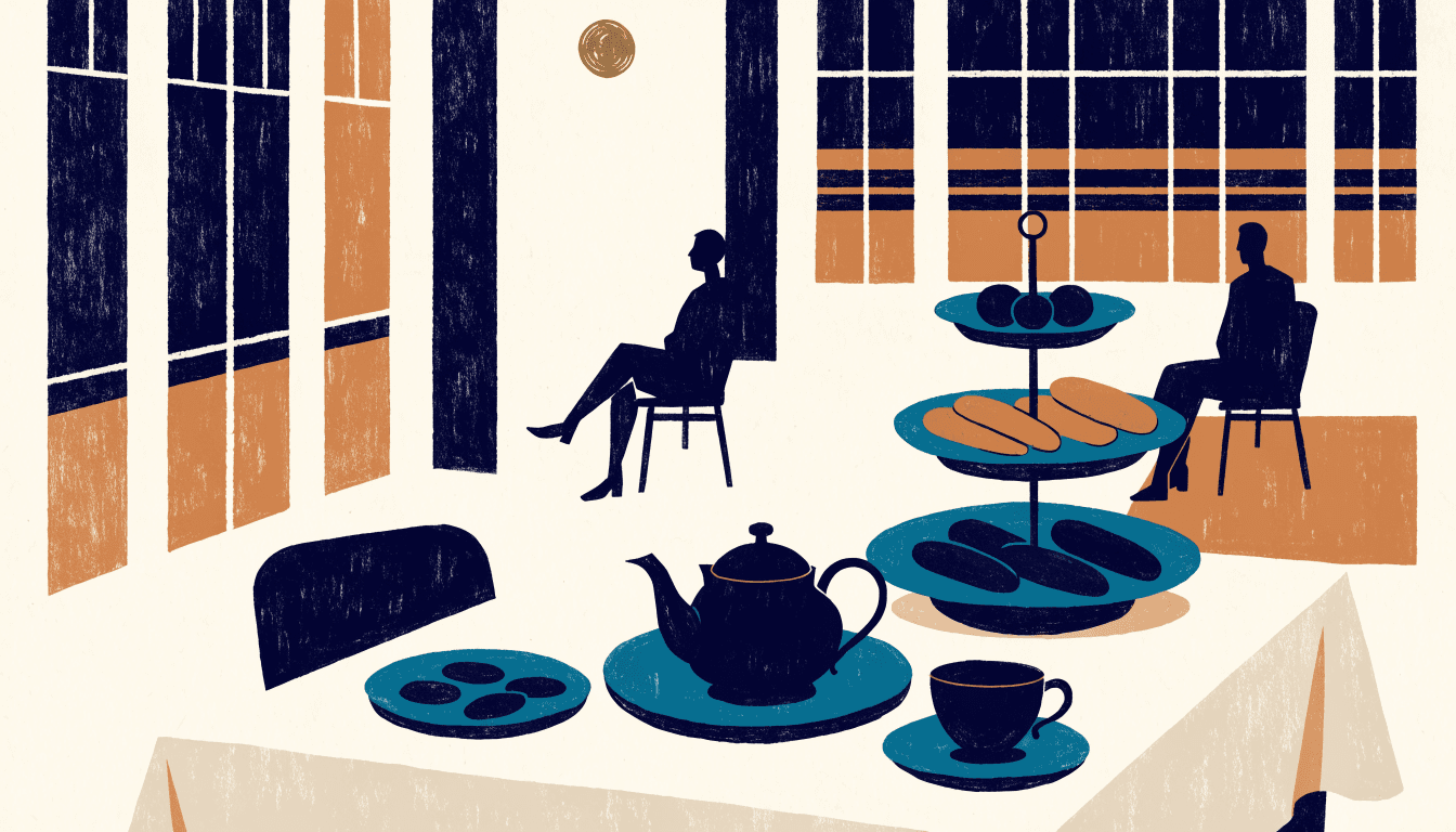 Illustration of an afternoon-tea tiered stand on a linen-covered table in a grand department-store event hall, with two seated silhouetted figures by tall windows