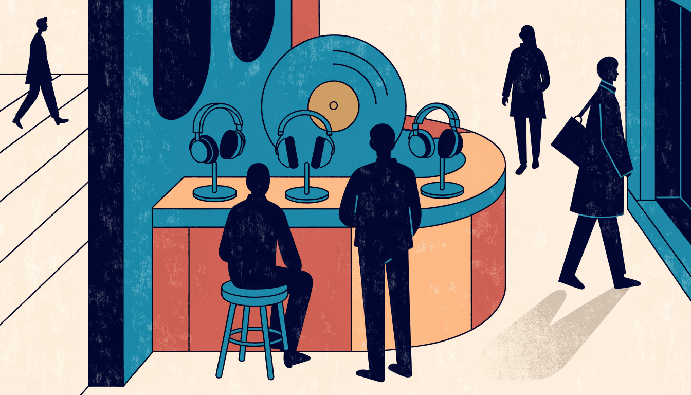 Illustration of a department-store pop-up listening counter with headphones on display stands and a large record motif, silhouette figures browsing and passing by.