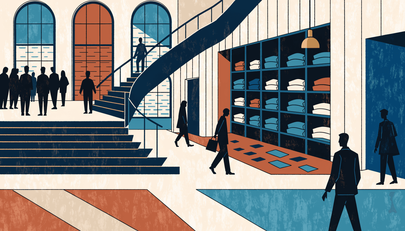 Editorial illustration of a grand two-level flagship boutique interior with a sweeping staircase, arched windows and a tailoring atelier corner
