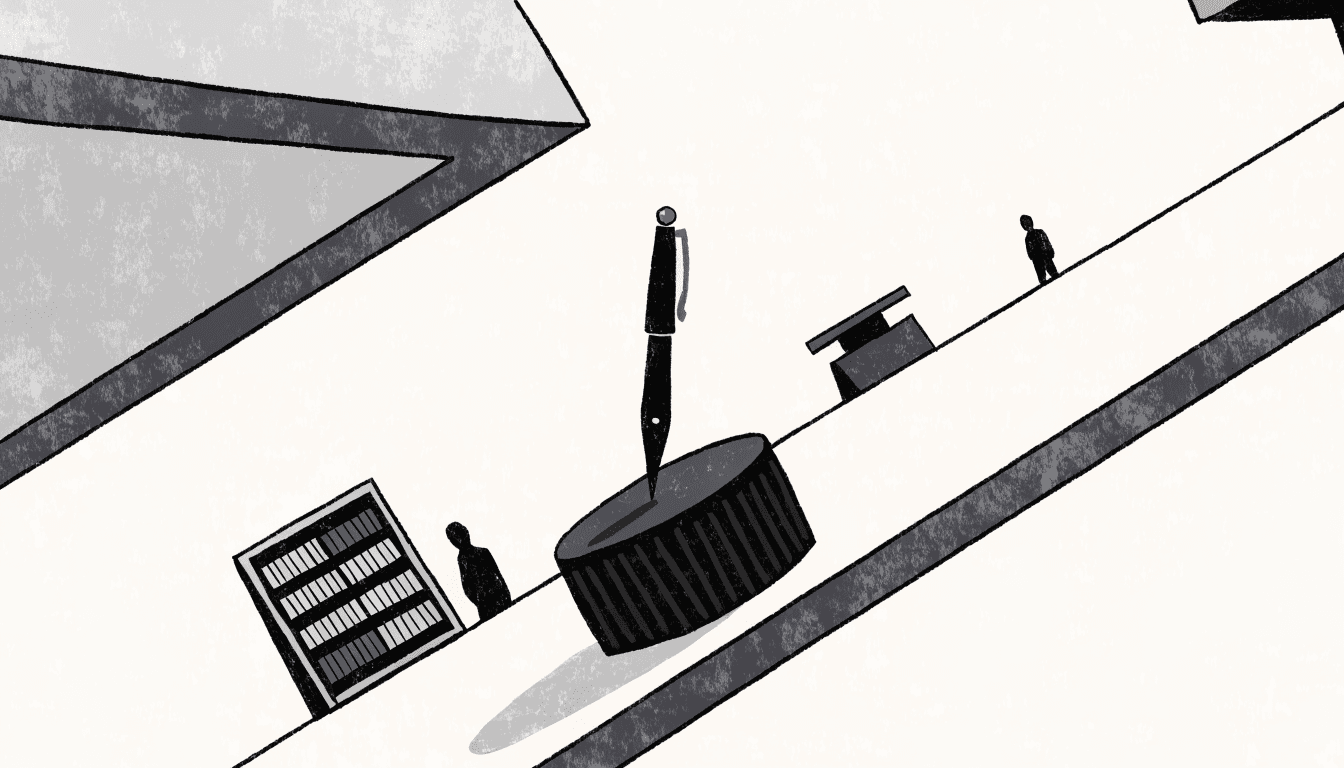 A calm illustration of a department-store stationery counter seen from above, with a large stylised fountain pen resting upright on a display stand, a rack of postcards nearby, and two silhouette figures on the shop floor.