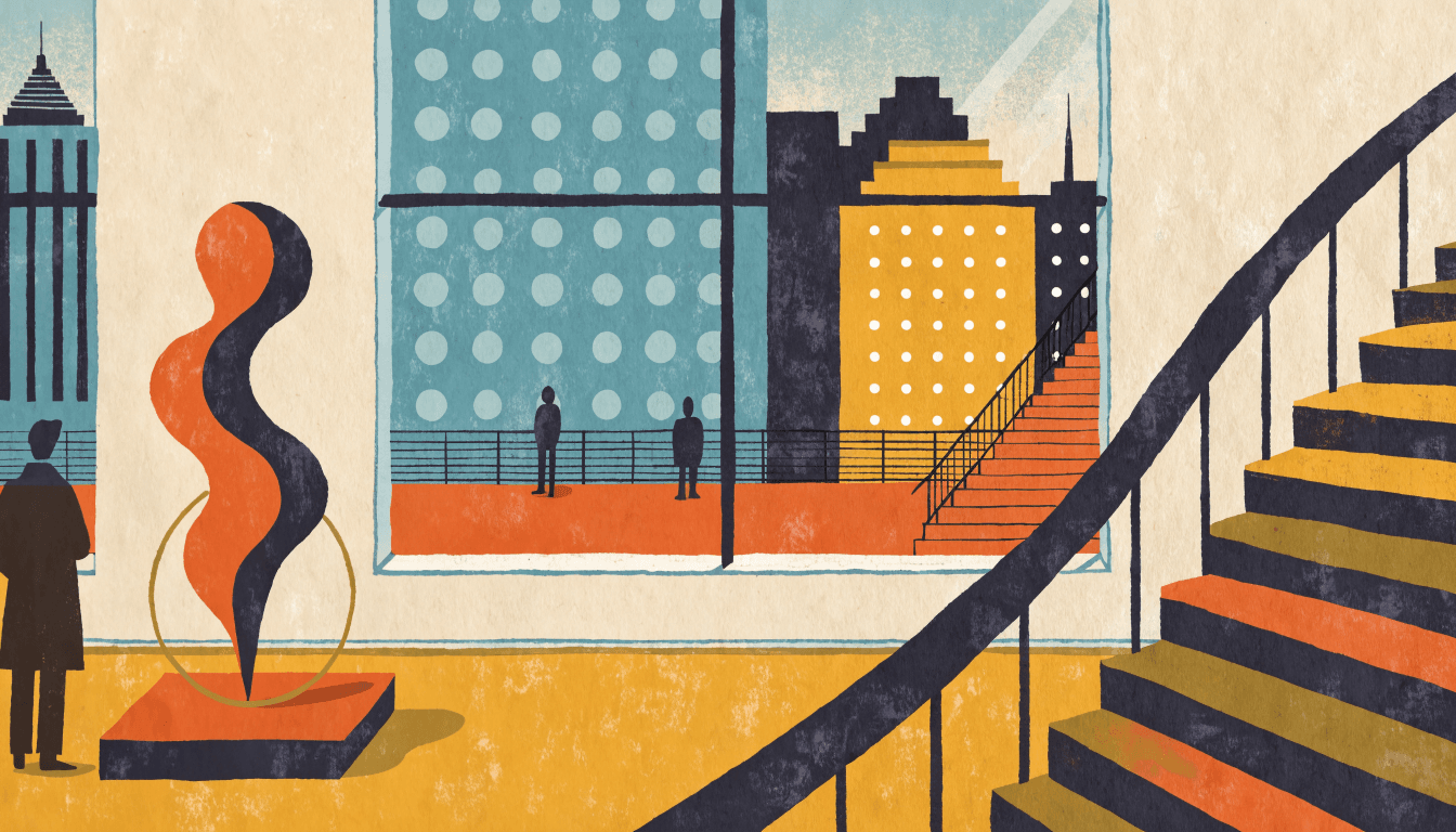 Illustration of a contemporary art museum gallery atop a hillside urban tower district