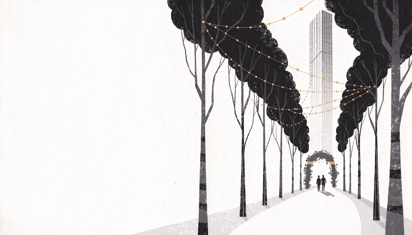 Illustration of a tree-lined boulevard glowing with warm string-light illumination at dusk, a crowd of small silhouette figures strolling past a wreathed archway toward a glass tower in the distance.