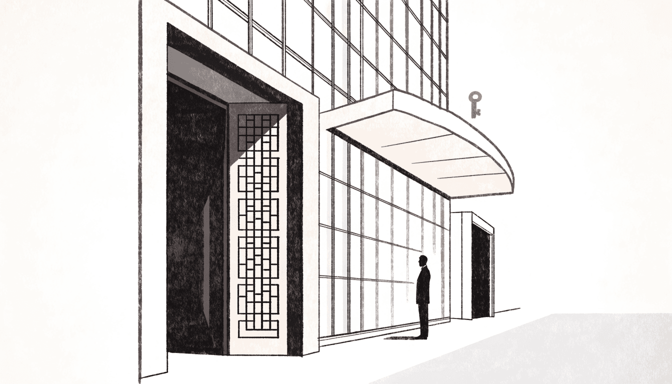 Illustration of a luxury hotel entrance at dusk, a traditional sliding lattice door beside a glass tower, a small brass key motif above the awning, a doorman's silhouette in formal dress.