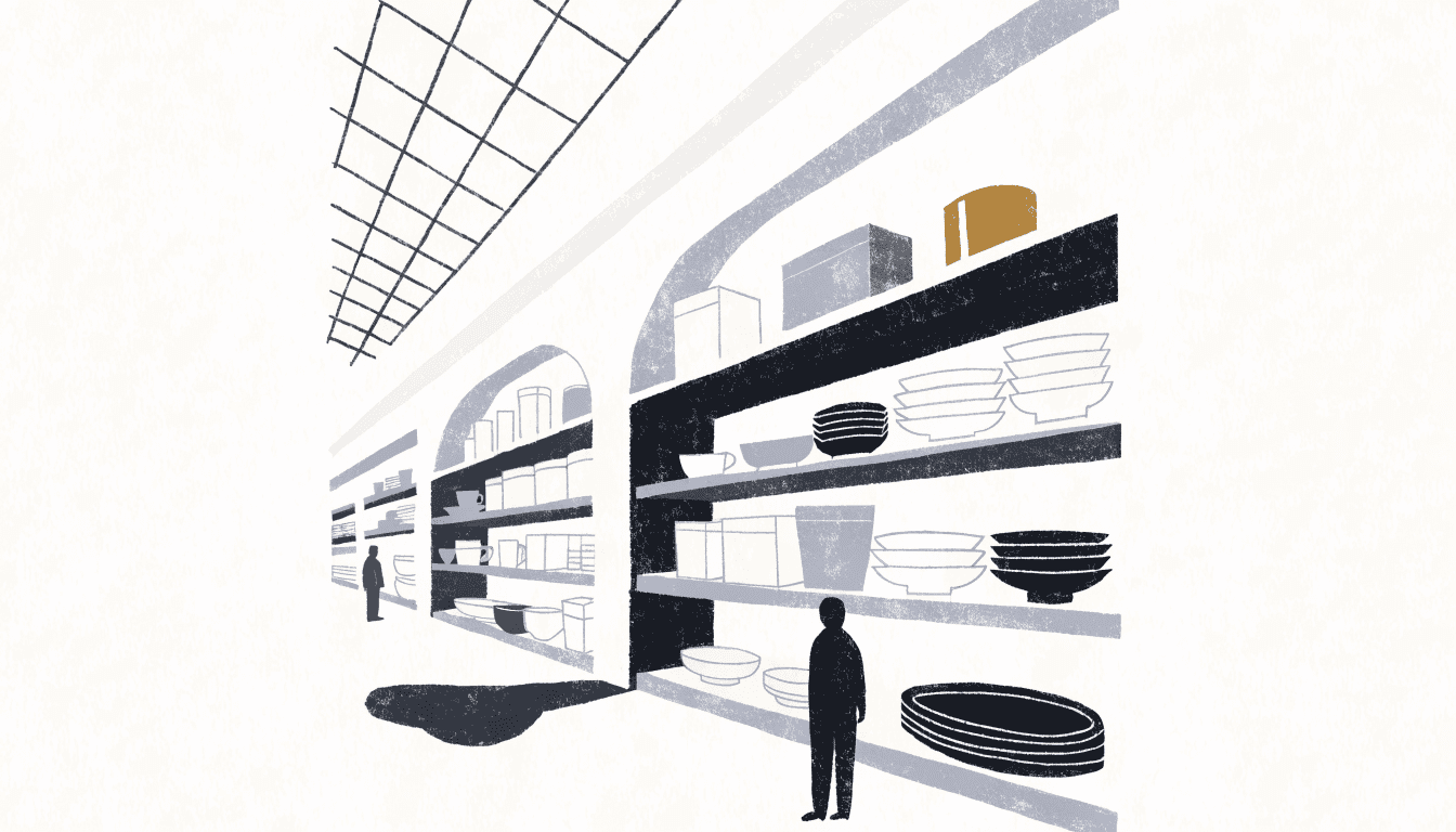 A calm near-monochrome editorial illustration of a minimalist Japanese homeware store interior, shelving in soft depth.
