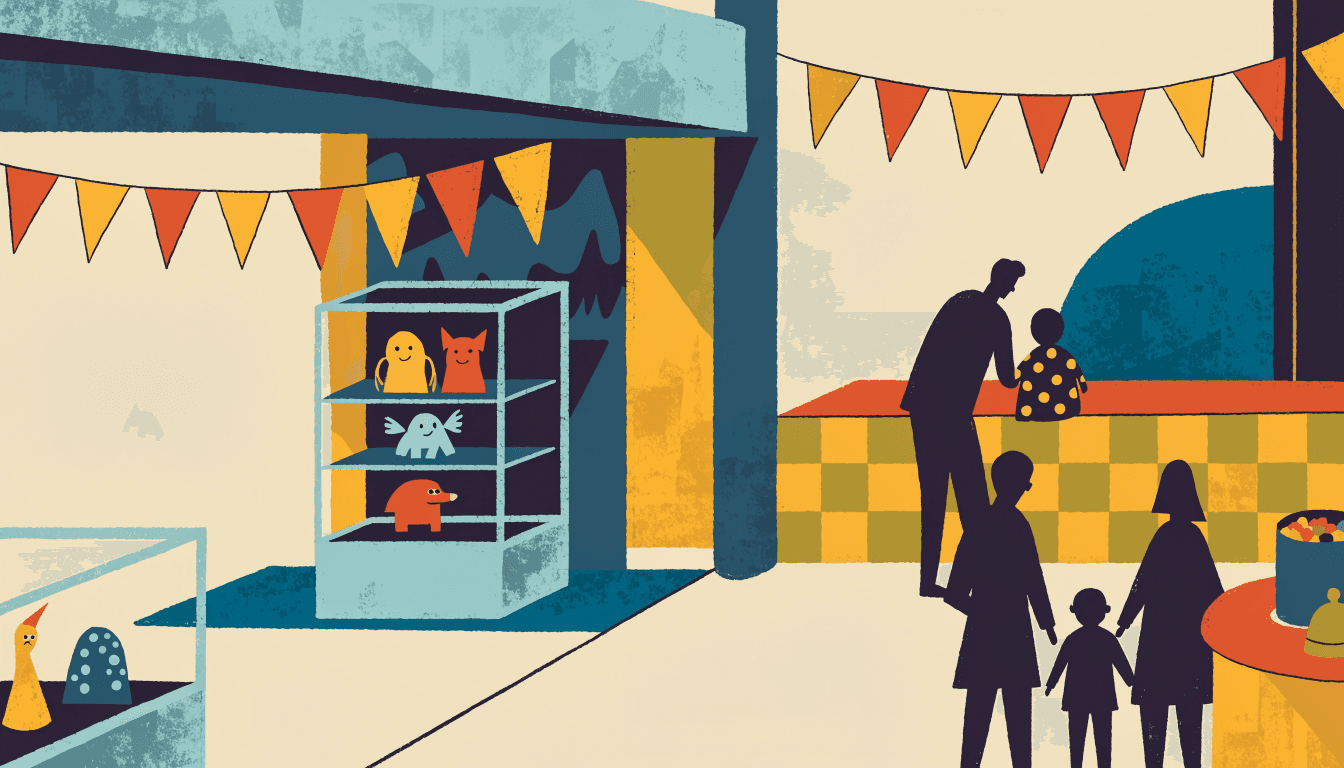 Illustration of a department-store exhibition floor dressed for a character festival, with bunting, display cases of small keepsakes and a silhouette family browsing a customisation counter.