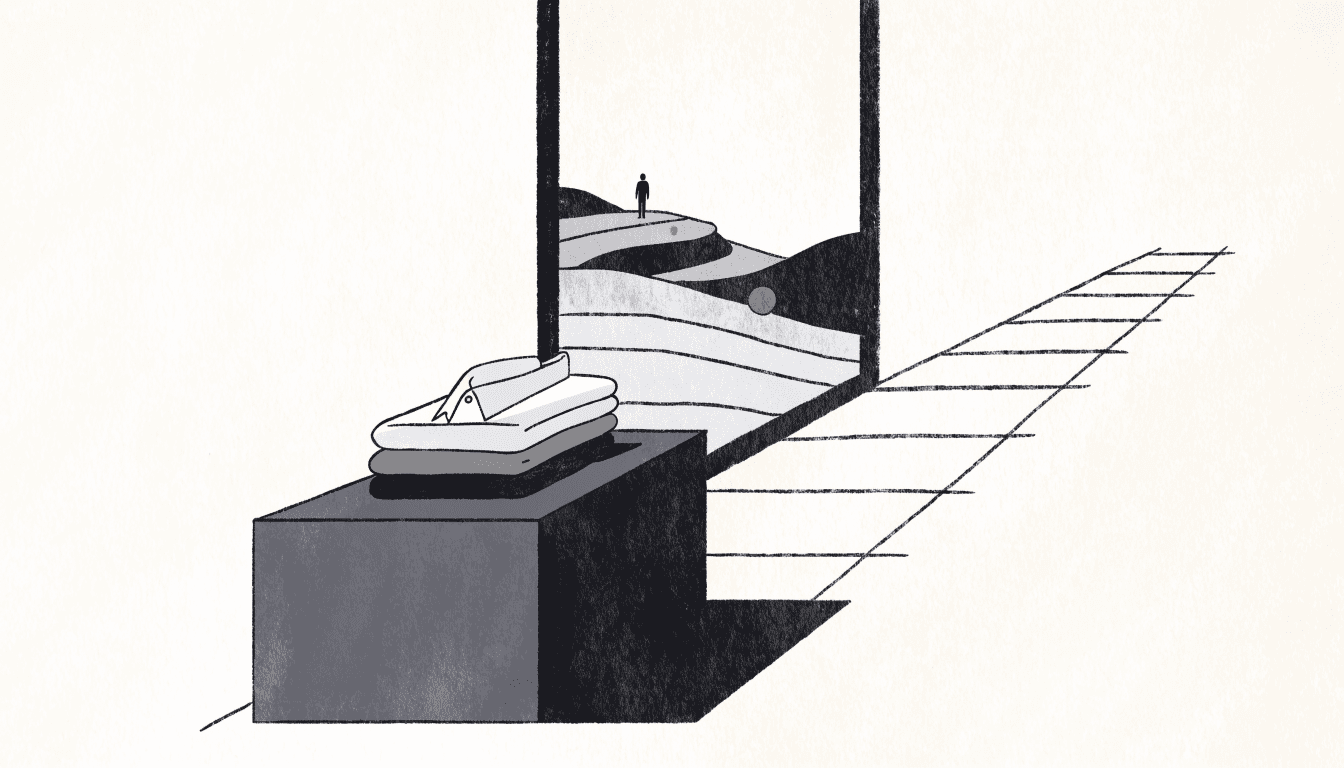 Calm illustration of a department-store boutique corner: folded shirts displayed on a plinth beside a tall window, the view softly blending into distant terraced rice-field hills, one shopper's silhouette seen from behind.