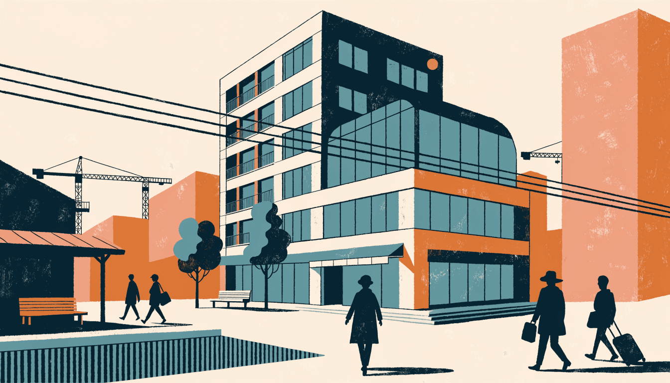 Editorial illustration of a modern commercial building rising beside a suburban train station plaza with construction cranes in the background.