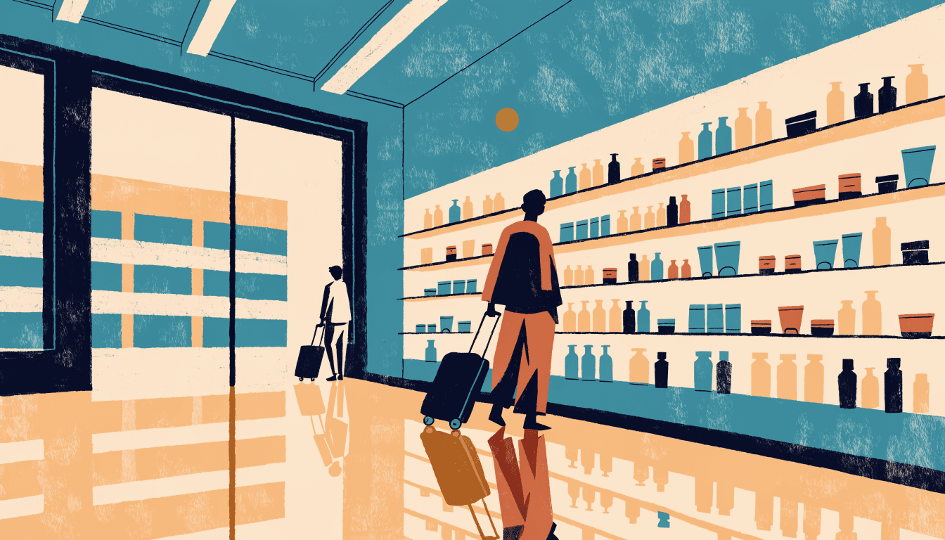 A bright, minimal airport duty-free storefront with an open glass entrance and softly lit skincare display shelves, warm-paper palette