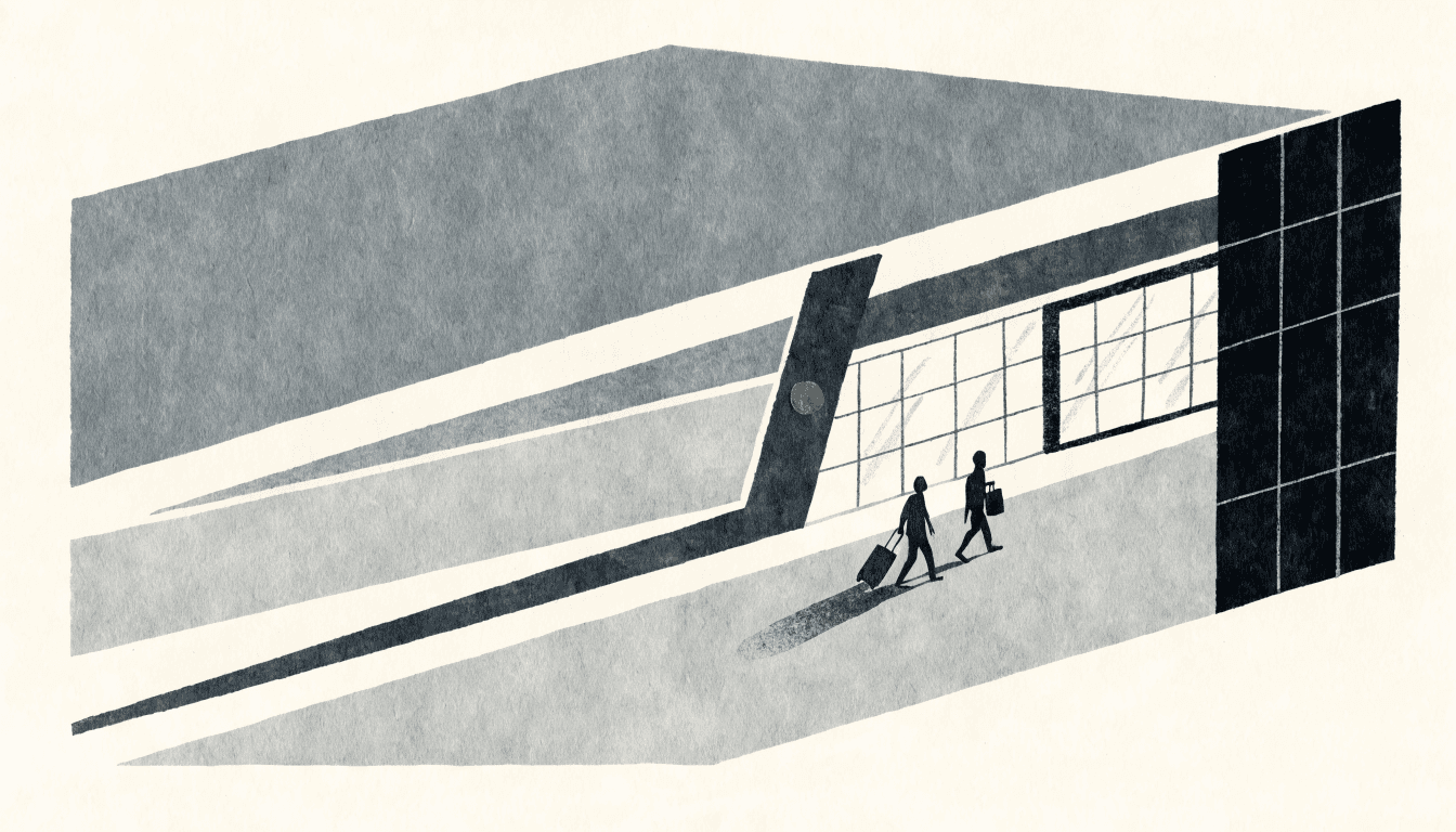 Near-monochrome editorial illustration of an airport departure corridor seen from a low, sweeping diagonal angle, with two silhouette travelers pulling luggage past a grid-glass storefront, one small brass-gold accent.