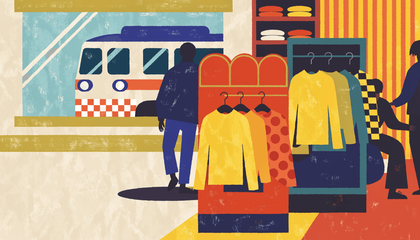 Illustration of a children's clothing rack display beside a station window, with a stylised commuter train visible outside and two silhouette figures browsing yellow sweaters.